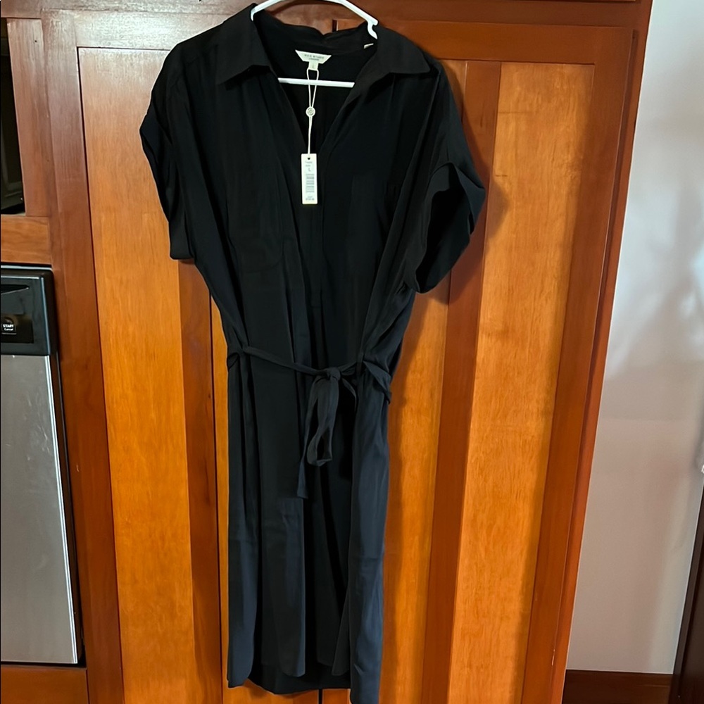 Black Midi Wrap Shirt Dress with Notched Collar